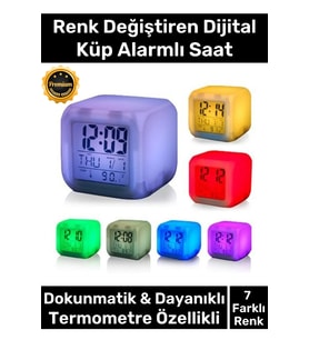 #Saat Dijital LED Işıklı Alarm Termometre Takvim Masa Gece Lambası Renk Değiştiren Küp Saat