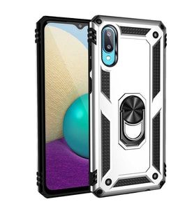 Samsung Galaxy A02 Kılıf Metal For Car Yüzüklü Standlı Military Ring Serisi (Gümüş)