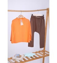 Babyhola Pamuk Bluz Keten Pantolon Kız Erkek Çocuk Salaş Takım Kahve 1500