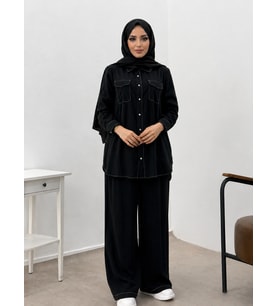 10653 ÖNDEN DÜĞMELİ BEYAZ DİKİŞ GEÇİŞLİ PANTALON BOL PAÇA SPOR İKİLİ TAKIM#26#