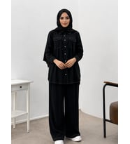 10653 ÖNDEN DÜĞMELİ BEYAZ DİKİŞ GEÇİŞLİ PANTALON BOL PAÇA SPOR İKİLİ TAKIM#26#