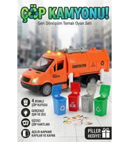 Çöp Kamyonu Oyuncak Seti - Sesli Işıklı Geri Dönüşüm Arabası - 4 Renkli Çöp Kutulu ve Kartlı - 27 cm