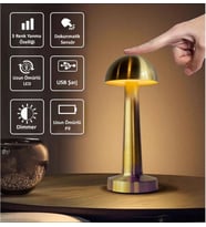 Şarj Edilebilir Dokunmatik Mantar Masa Lambası Led Işıklı Dekoratif Gece Lambası 3 Işık Modu Dim Lambader (Gold)