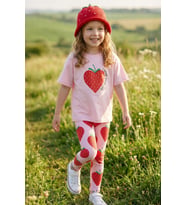 Strawberry Love Baskılı Kız Çocuk Tayt Takım – Pembe Çilek Desenli