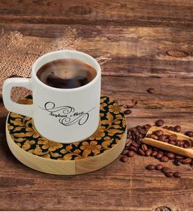 BK Gift Kişiye Özel Retro Motif Tasarımlı Doğal Ahşap Tabaklı Türk Kahvesi Fincanı Model 15