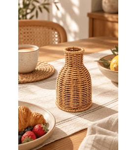 Atbyhome Doğal Hasır Rattan Çiçek Vazosu 16 cm - Masa Üstü Dekoratif El Örgüsü Küçük Kuru Çiçeklik Vazo