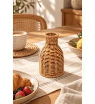 Atbyhome Doğal Hasır Rattan Çiçek Vazosu 16 cm - Masa Üstü Dekoratif El Örgüsü Küçük Kuru Çiçeklik Vazo