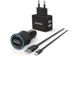 Philips Dlp2553Em Araç İçi Şarj Cihazı & Duvar Şarj Cihazı & Micro Usb Kablo Birarada Combo Ürün