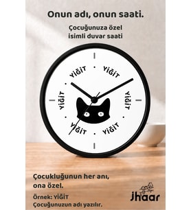 İsme Özel Siyah Kedi Çocuk Odası Duvar Saati Orta Boy 30 cm Siyah Camlı Sessiz
