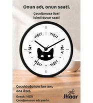 İsme Özel Siyah Kedi Çocuk Odası Duvar Saati Orta Boy 30 cm Siyah Camlı Sessiz
