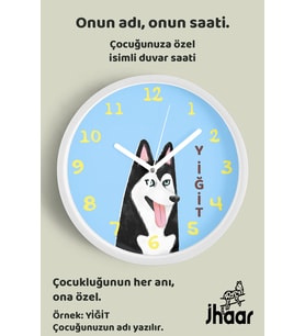 İsme Özel Husky Köpek Çizimli Çocuk Odası Duvar Saati Orta Boy 30 cm Beyaz Camlı Sessiz