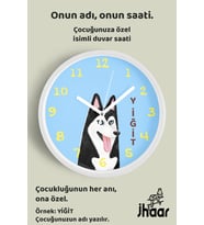 İsme Özel Husky Köpek Çizimli Çocuk Odası Duvar Saati Orta Boy 30 cm Beyaz Camlı Sessiz