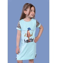 Toontoy Kız Çocuk Leopar Detaylı Baskılı Elbise (Su Yeşili)