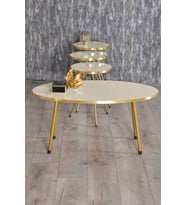 Zigon Sehpa ve Orta Sehpa Elips Gold Metal Ayak Gold Krem Set