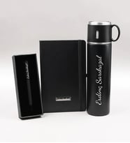 Kişiye Özel 580 ML Bardaklı Siyah Çelik Termos & Siyah Defter & Siyah Mat Roller Kalem Hediye Seti
