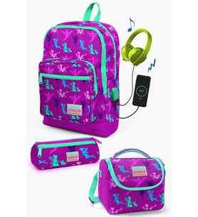 Coral High Kids Koyu Pembe Su Yeşili Peri Desenli USB'li 3’lü Okul Çanta Seti - Kız Çocuk