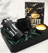 Siyah Kupa & Özel Tasarım Defter & French Press & Siyah Mum Hediye Seti