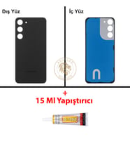 Samsung Galaxy S23 Plus Siyah Renk Arka Kapak + B7000 Yapıştırıcı Arka Cam Batarya Kapağı Pil Kapağı Lazer Kesim Back Cover Galaxy S23 Plus Uyumlu