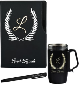 Kişiye Özel Sevgiliye Hediye Siyah Defter Termos - Mug ve Roller Kalem Hediye Seti