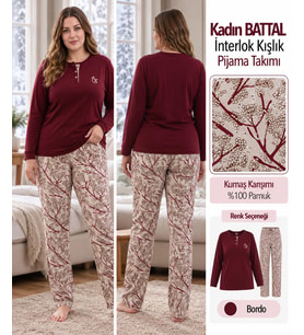 Angelina Kadın Battal Düğmeli Yaka %100 Pamuk İnterlok Kışlık Pijama Takımı 10018 - 1 Adet