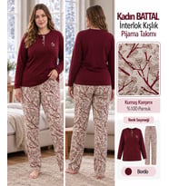 Angelina Kadın Battal Düğmeli Yaka %100 Pamuk İnterlok Kışlık Pijama Takımı 10018 - 1 Adet