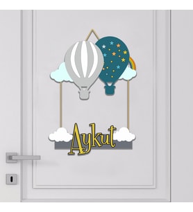İsme Özel Bebek Odası Ahşap Kapı Süsü Balon ( Gri  & Koyu Yeşil )