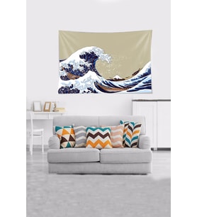 Okyanus Dalga Desenli Leke Tutmaz Kadife Dokulu Kumaş Duvar Örtüsü Duvar Halısı Tapestry (Bej)