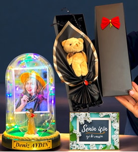 Kişiye Özel Renkli Led Işıklı Fanus ve Kutusunda Kahverengi Ayıcık Buketi (Model 5)