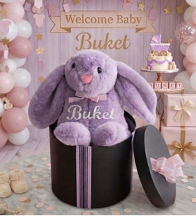 Kişiye Özel İsimli Peluş Tavşan Hediye Kutusu Hoşgeldin Yenidoğan Bebek Hediyesi  Eşe Çocuk Hediyesi (Lila)