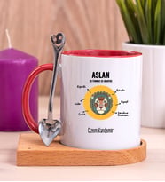 Kişiye Özel Aslan Burcuna Hediye Ahşap Altlıklı Kırmızı Kupa Bardak