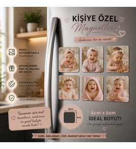 6'lı Kare Fotoğraf Magneti Kız Bebeğe Kişiselleştirilebilir İlk Anılar Hediye Seti
