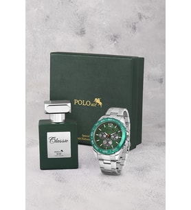 Polo Air Erkek Kol Saati Ve 55ml Parfüm Hediyelik Kutusunda Set Gümüş Yeşil Renk ST-5011E3 (Açık Yeşil-Gümüş)