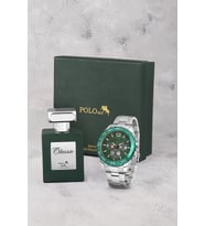 Polo Air Erkek Kol Saati Ve 55ml Parfüm Hediyelik Kutusunda Set Gümüş Yeşil Renk ST-5011E3 (Açık Yeşil-Gümüş)