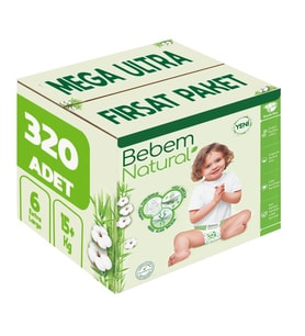 Bebem Bebek Bezi Natural 6 Beden 15+ KG Extra Large 320 Adet MeGa Ultra Fırsat Pk