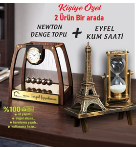 Kişiye Özel İsimli - Newton Denge Topu & Eyfel Kum Saati Yeni İş & Ofis Hediye PREMİUM HEDİYE SETİ