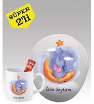 Kişiye Özel Mouse Pad ve Kupa Bardak Seti Yavru Fil Desenli