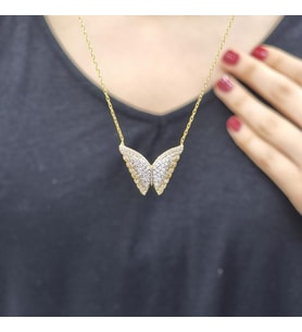 Kelebek Zirkon Taşlı Gold Kaplama 925 Ayar Gümüş Kolye (Karışık)