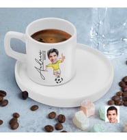 BK Gift Kişiye Özel Sunum Tabaklı Futbolcu Karikatürlü Kahve Fincanı-1, Sevgiliye Hediye, Aileye Hediye, Arkadaşa Hediye