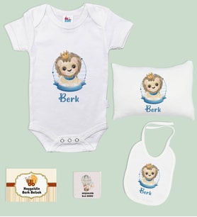 BK Kids Kişiye Özel İsimli 5 Parça Beyaz Bebek Body Zıbın Yastık Hediye Seti, Yeni Doğan Bebek Giyim Hediyesi-5