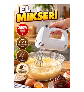 250W Elektrikli El Mikseri – 5 Kademeli Hız ve Çift Çırpıcılı