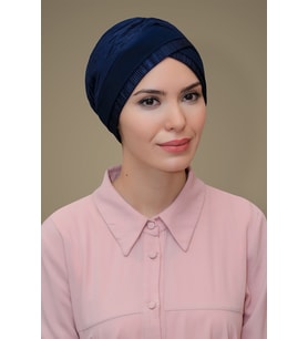 Lacivert Pratik Hazır Geçmeli Tesettür Bone Fukuro Piliseli Tek Bantlı Çapraz Büzgülü 1821_02