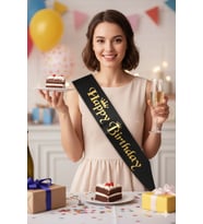 Happy Birthday – Kuşak Saten Siyah Üzeri Altın Baskılı Doğum Günü Kuşağı