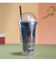 Desenli Işıklı ve Pipetli Bardak, 450 ml, Boncuklu ve Kapaklı, Siyah, 20x8 (Siyah)