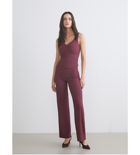 LCW Vision Bordo Beli Lastikli Dokulu Geniş Paça Kadın Pantolon