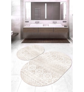 Dijital Baskılı Kaymaz Taban Yıkanabilir Oval 2'li Klozet Takımı Banyo Paspası NOKZ-HT-986 (Bej)