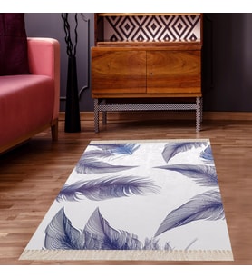 Kuş Tüyü Desenli Dijital Baskılı Kaymaz Taban Yıkanabilir Modern Salon Halısı ve Yolluk (Beyaz)