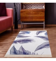 Kuş Tüyü Desenli Dijital Baskılı Kaymaz Taban Yıkanabilir Modern Salon Halısı ve Yolluk (Beyaz)