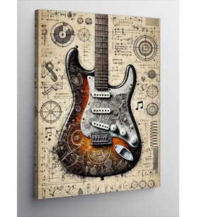 Kanvas Tablo Elektrik Gitar Ve Harita Deseni