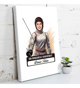 Kişiye Özel Hediye Karikatürlü En Başarılı Kadın Eskrimci Kanvas Tablo