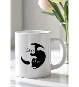 Siyah Beyaz Kedi Desenli 330ml Baskılı Beyaz Seramik Kupa Bardak